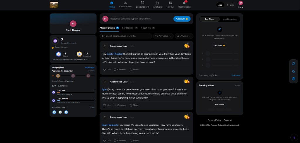 The Remote Suite recognition feed showing values-tagged applauds, stats, and leaderboard