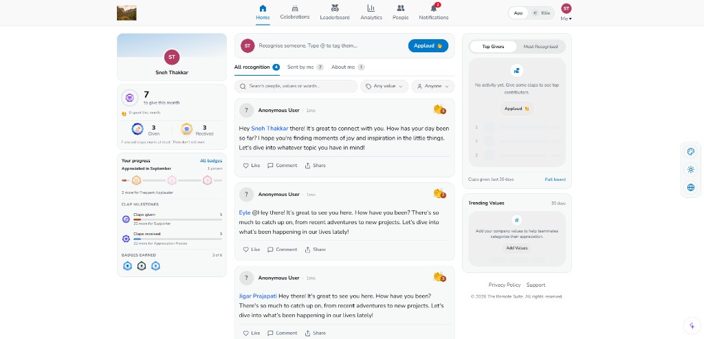 The Remote Suite recognition feed showing values-tagged applauds, stats, and leaderboard
